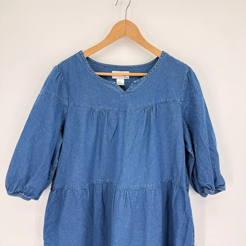 The Vermont Country Store Denim Tiered Midi Muumuu‎ Dress Pockets L Prairie Boho - Picture 3 of 13